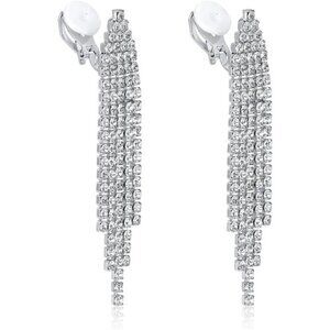 Dangling Earrings Silver Clip On Drop Tone (2.2inch -Triangle) Rhinestone